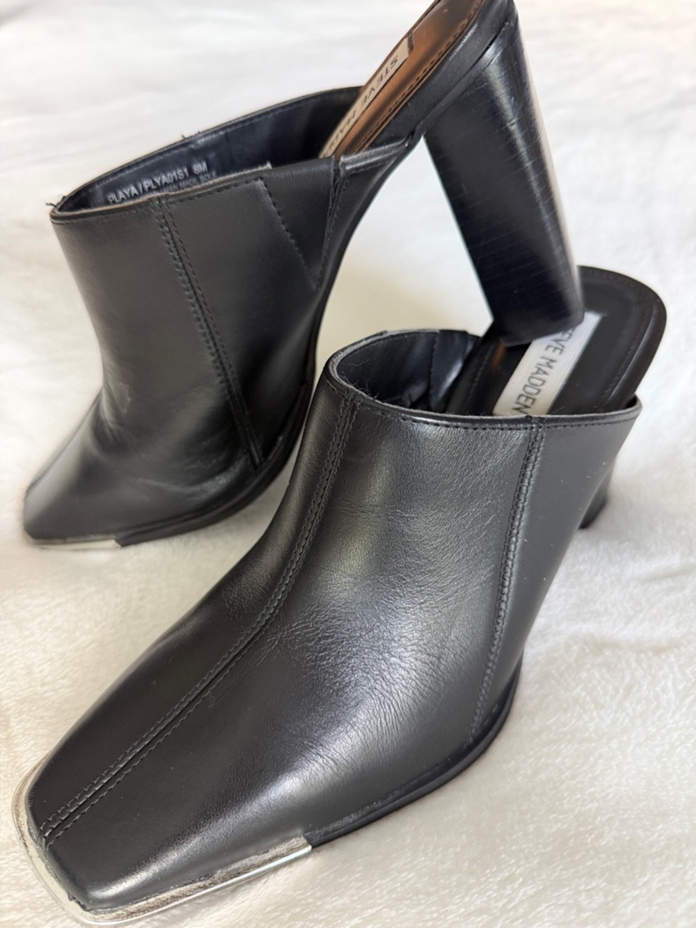 Steve Madden Black Leather Square-Toe Mule Heels with Block Heel